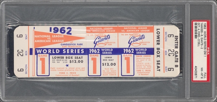 1962 World Series Game 1 Full Ticket - Whitey Fords Record 10th World Series Win - PSA 8 NM-MT